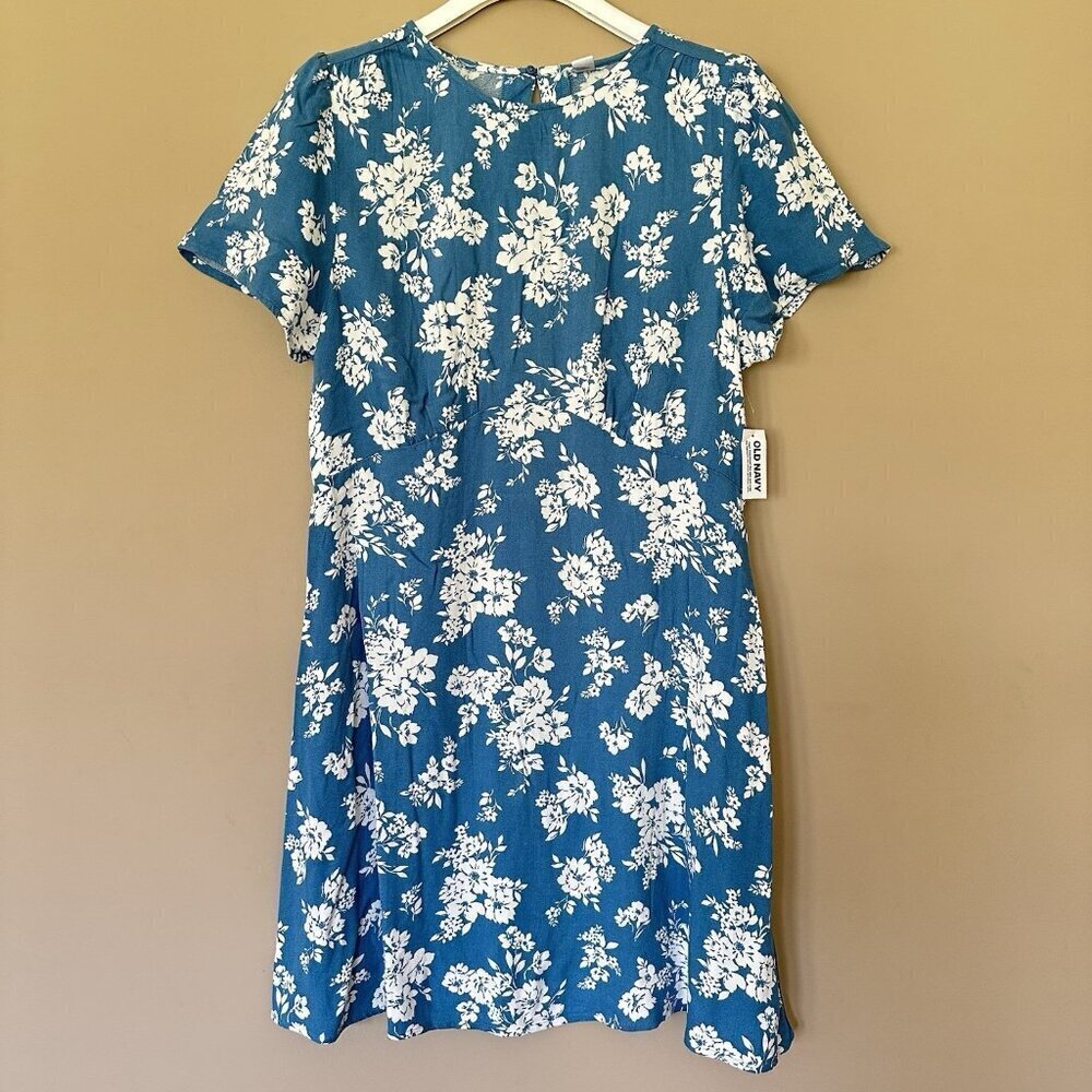 NWT Old Navy Floral Dress Pockets Blue Women L Empire Waist Cottage Crepe